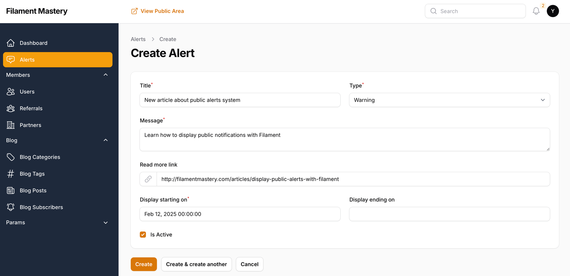 Filament Mastery Alerts Resource Example