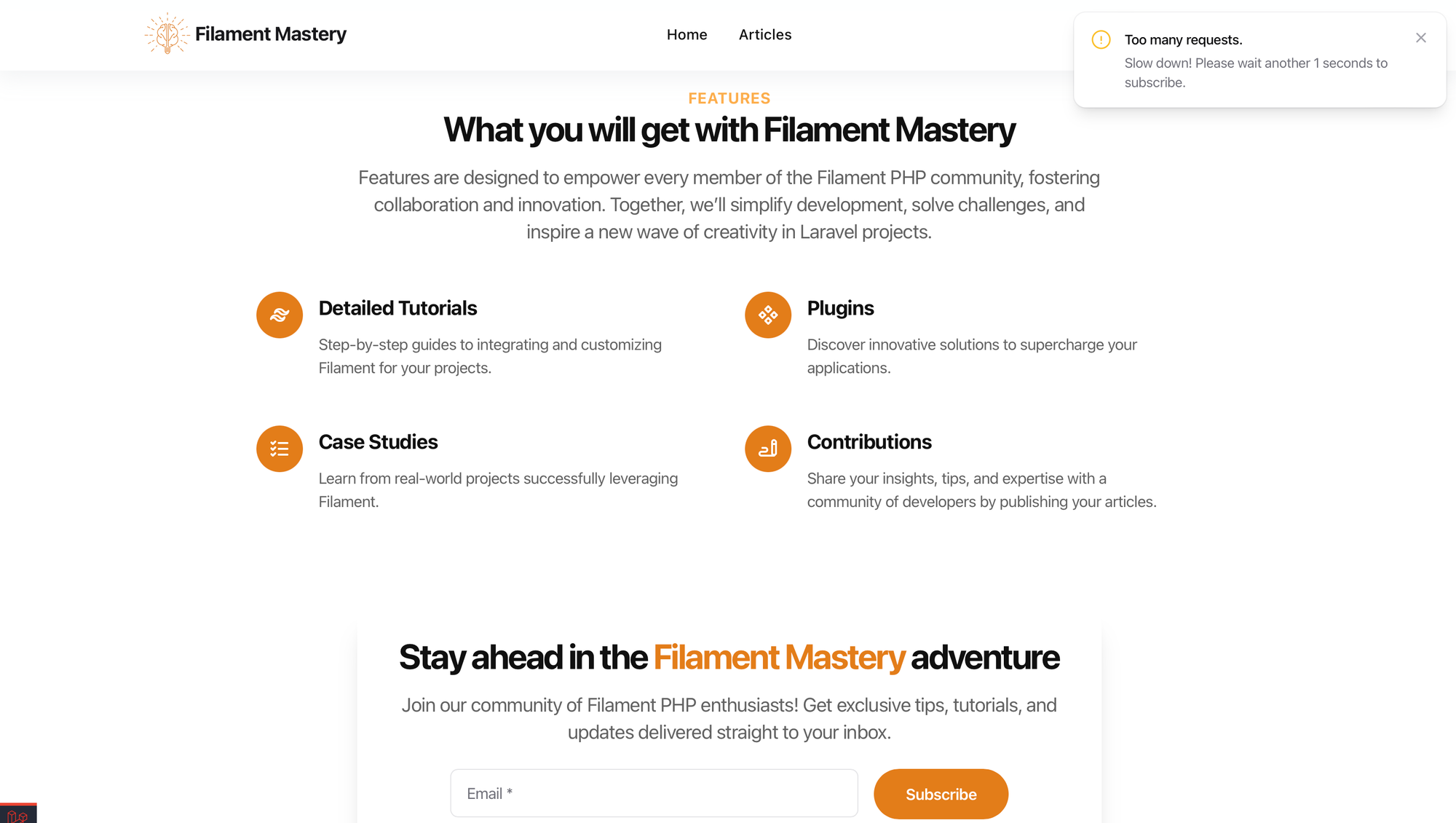Filament notification on public facing example