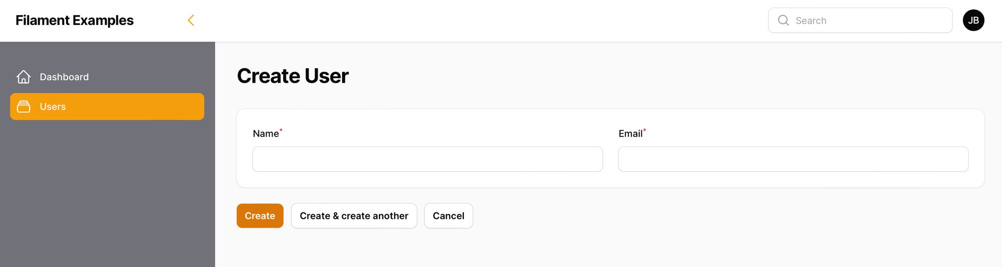 Filament Dashboard - Create user form