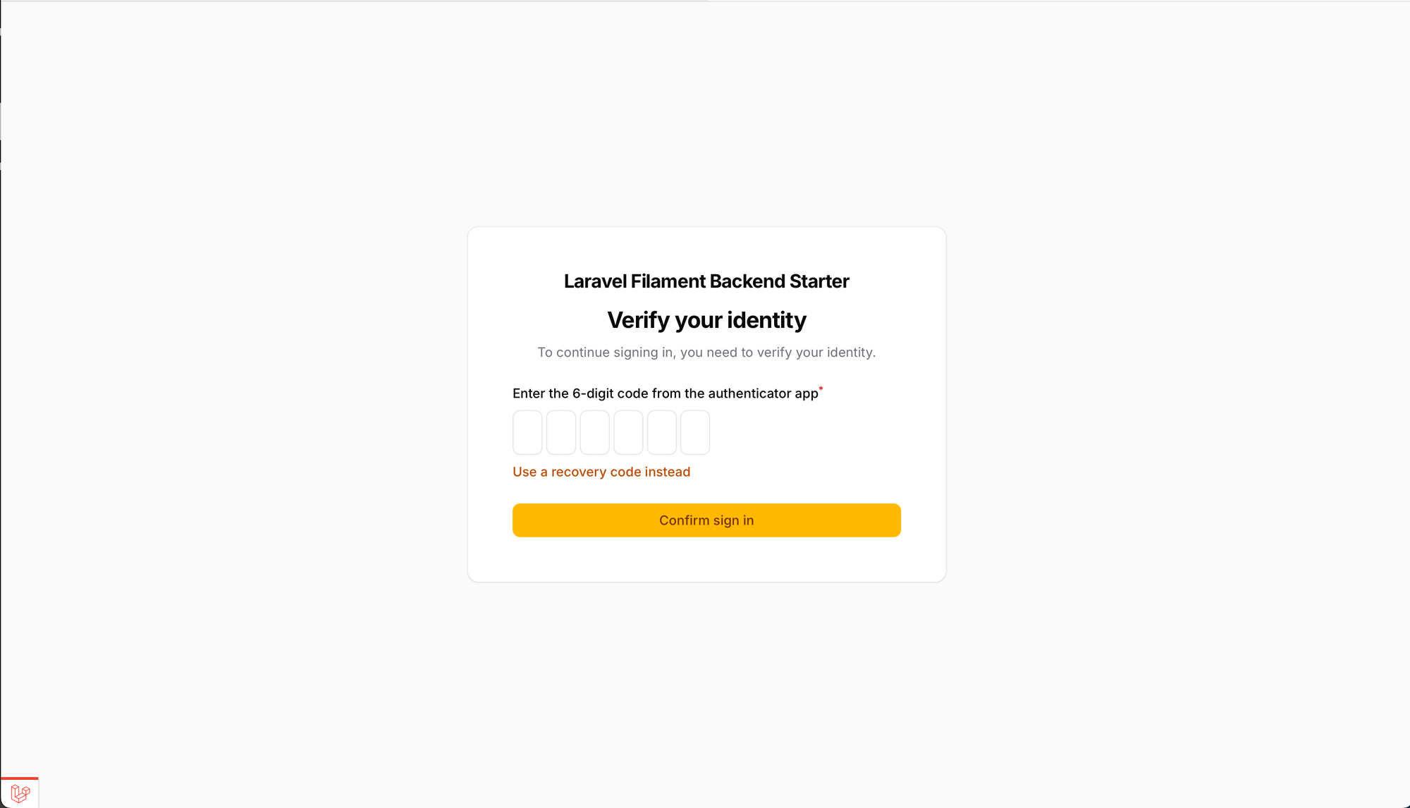 Multi-factor authentication sign in in filament panel
