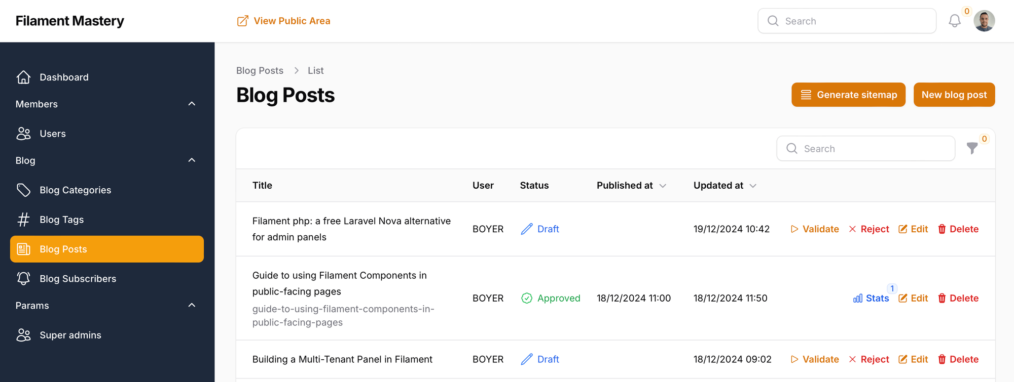 FilamentPHP dashboard blog posts example (CRUD)
