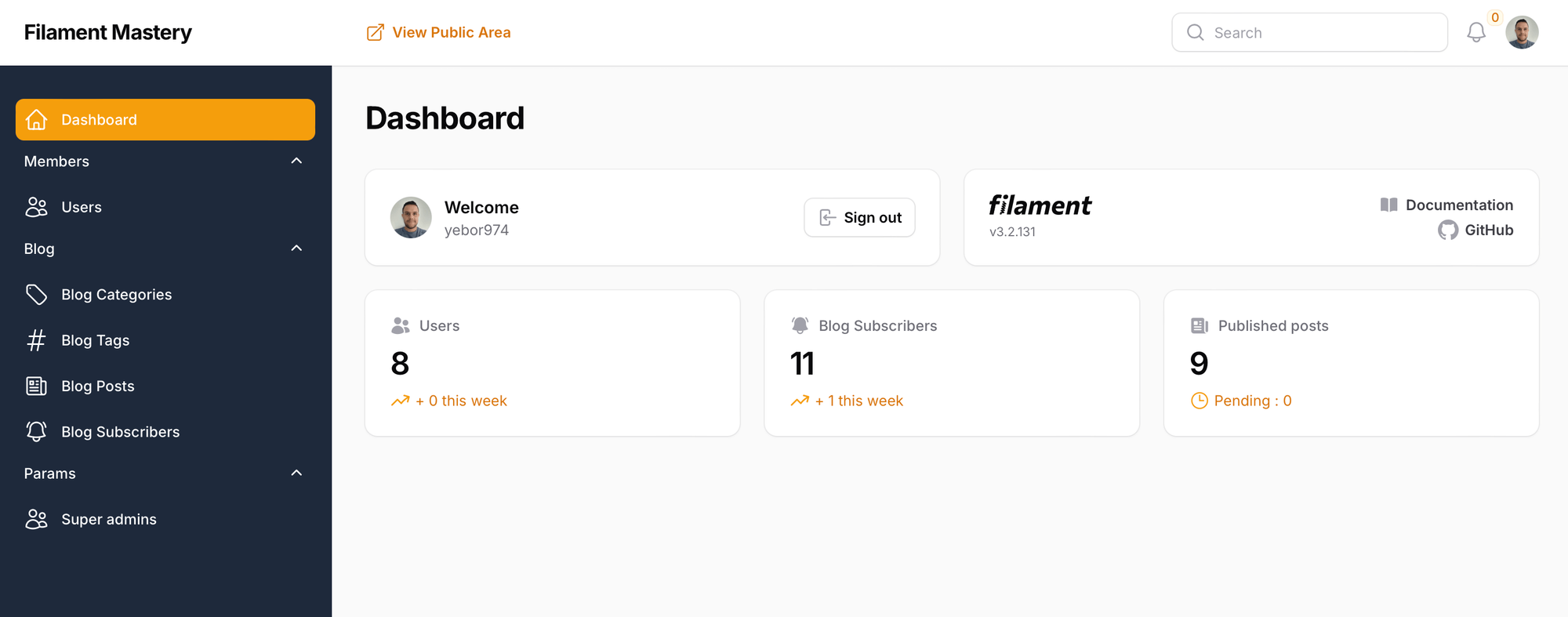 FilamentPHP dashboard example