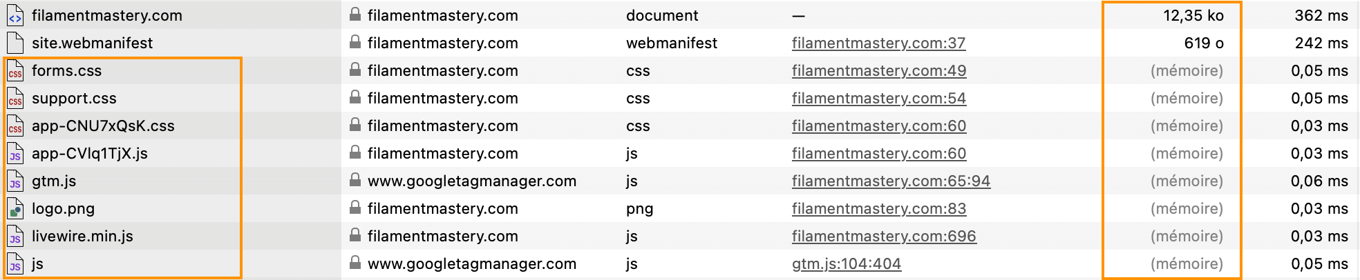 Browser network tab static asset requests served from memory cache in a Laravel Filament setup using Nginx caching