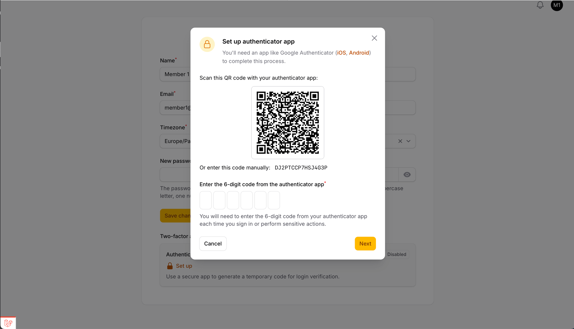 Multi-factor authentication with App authentication in filament panel