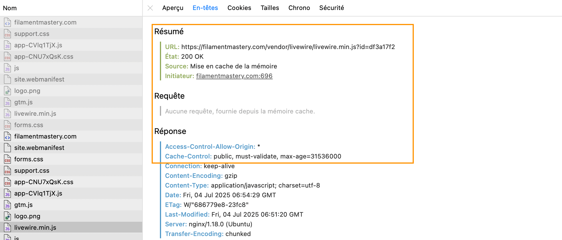 Network request details for livewire.min.js loaded as a static file and showing caching