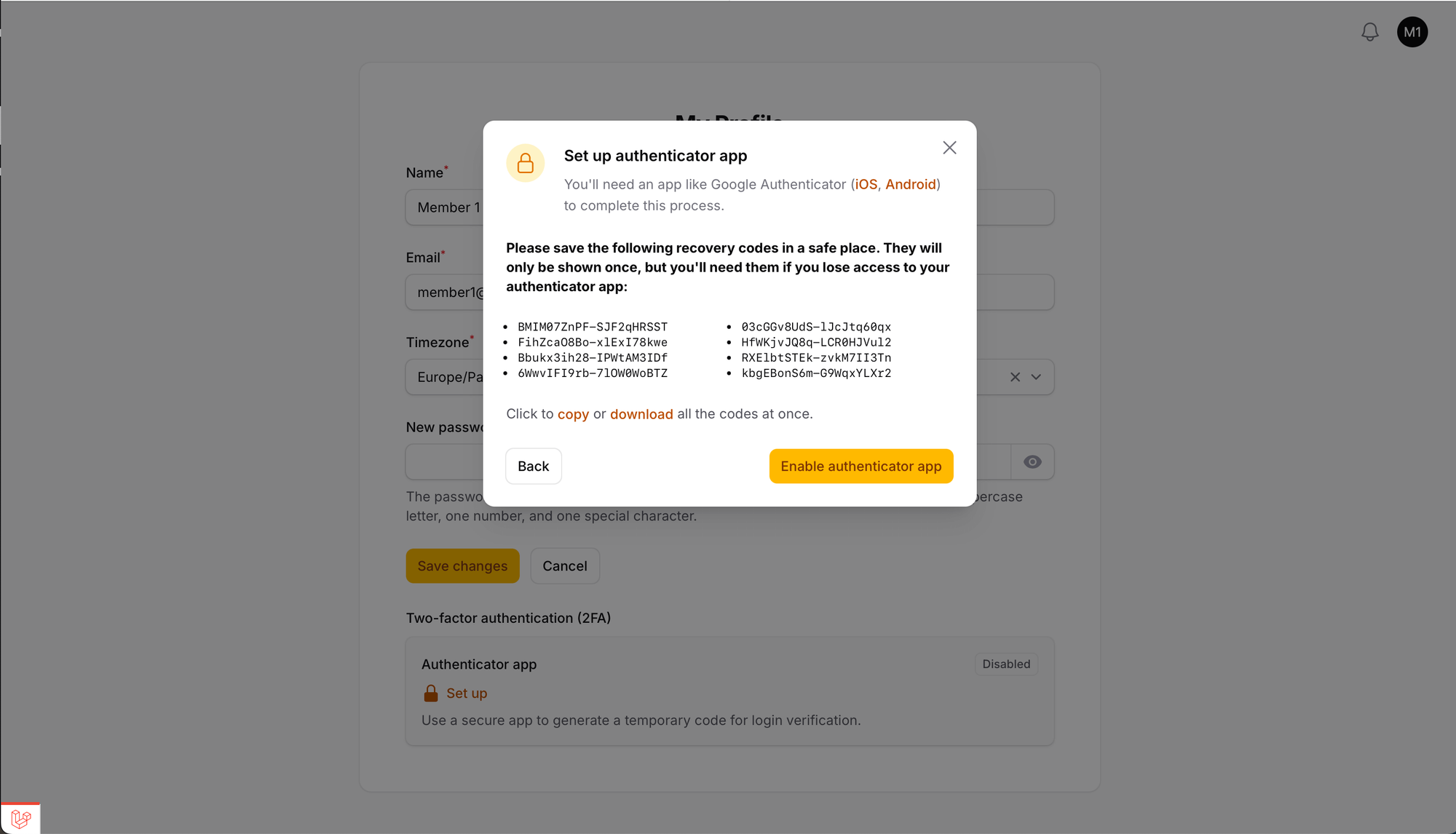 Multi-factor authentication with Recovery codes in filament panel