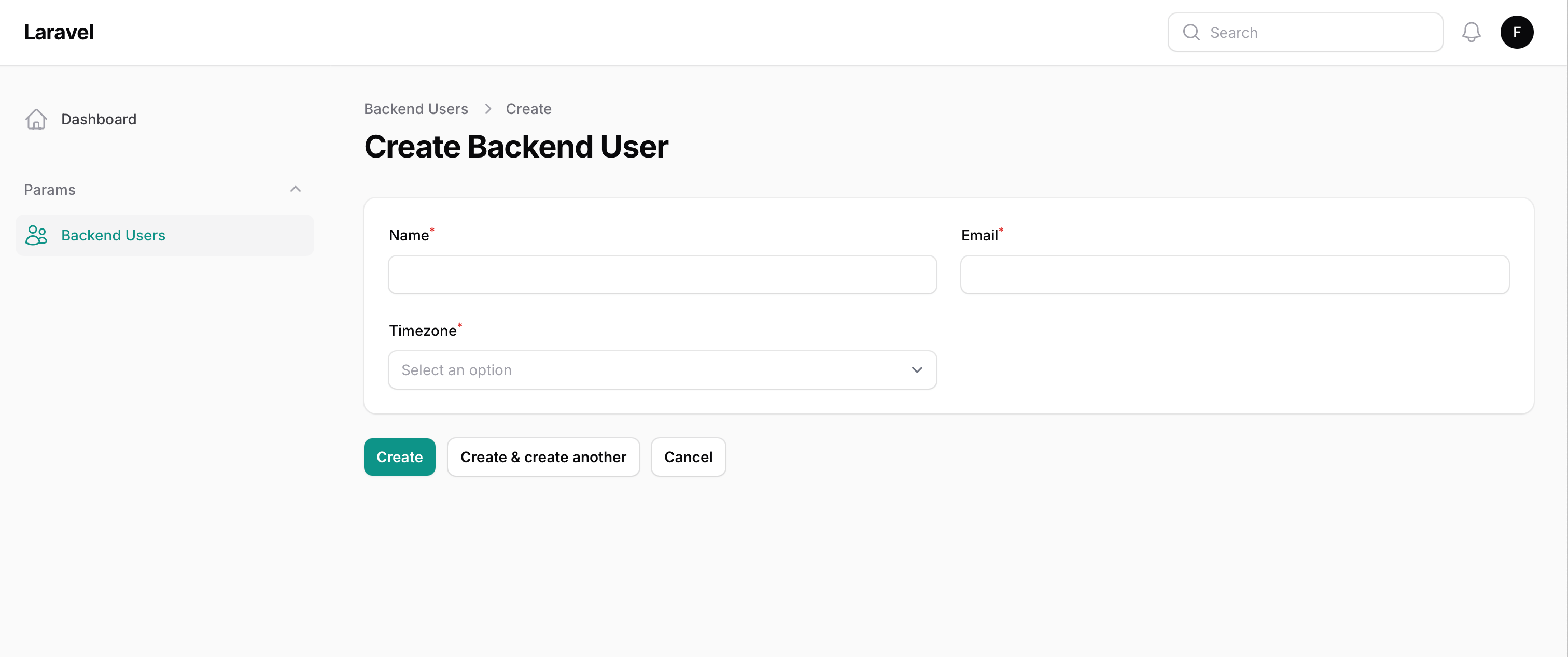 Create New Backend User Form in Laravel Filament